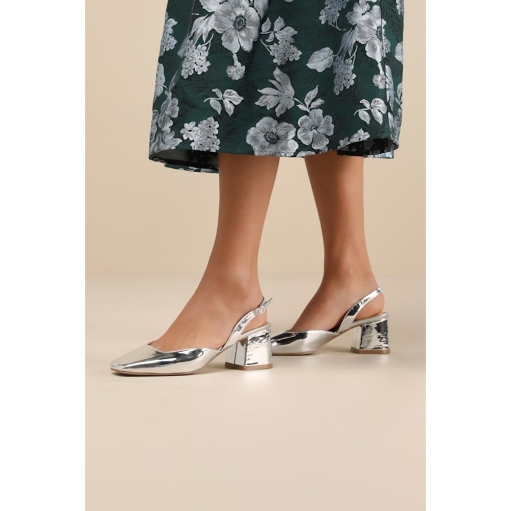 Lulus Carlson Silver Patent Slingback Low Heel Pumps - Size 8.5